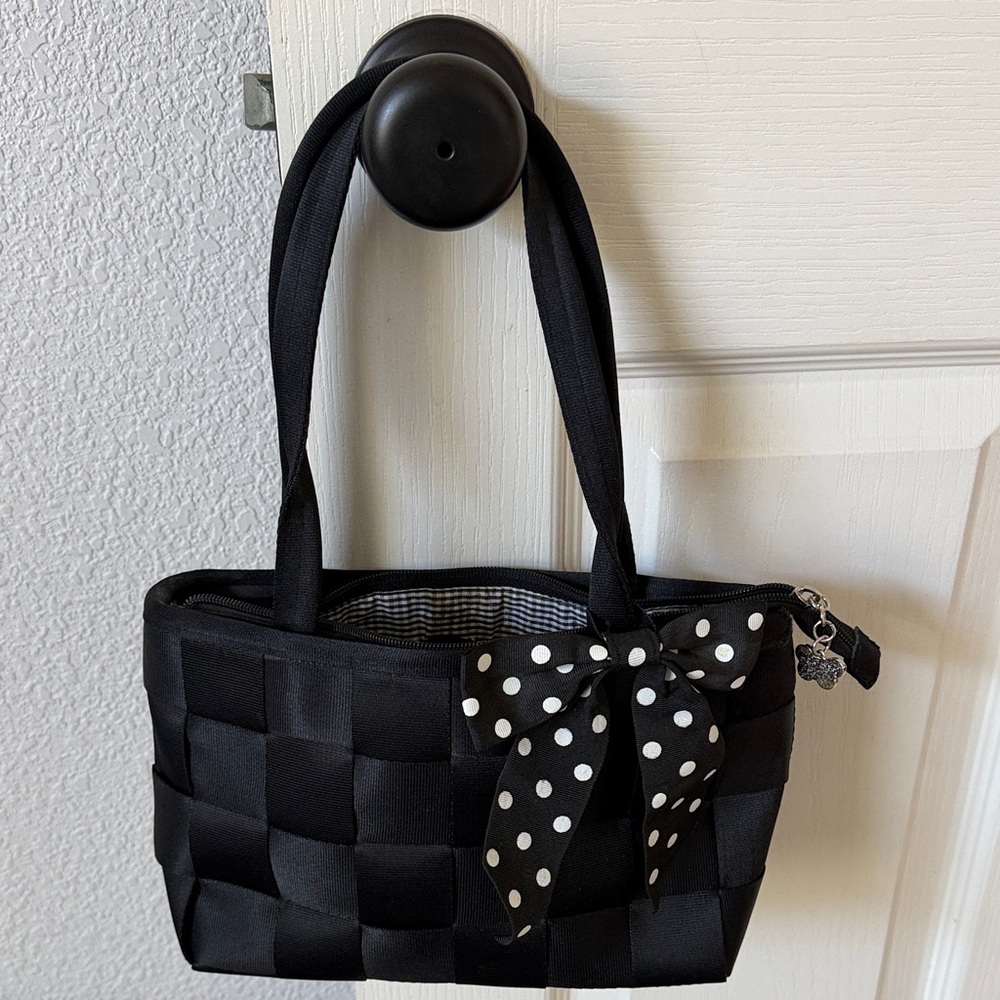 Black Woven Ribbon Tote with Polka Dot Bow - Picture 4 of 4